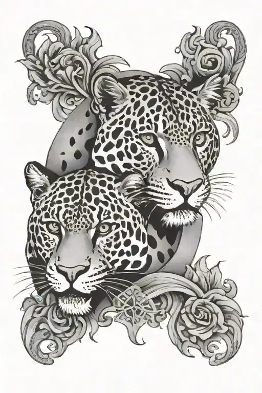 y-axis mirrored jaguars prowling.  Filipino sun and stars in the background tattoo design idea