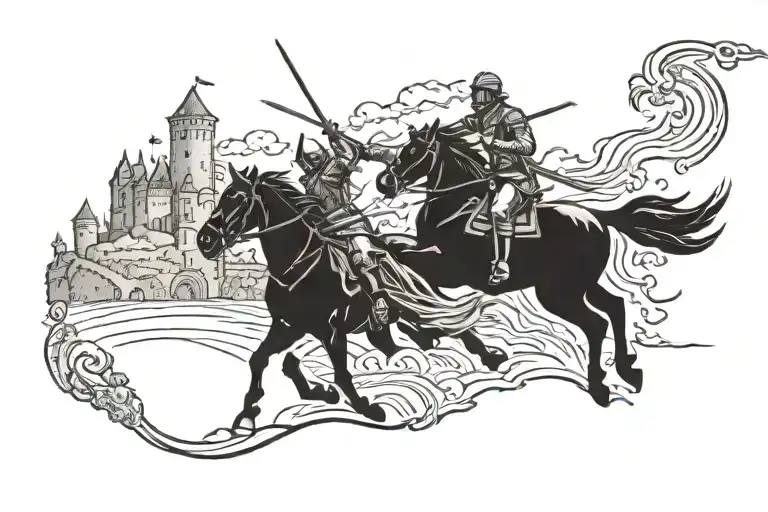 cavalry spear striking a downed enemy with a castle and battlefield in the background tattoo design idea