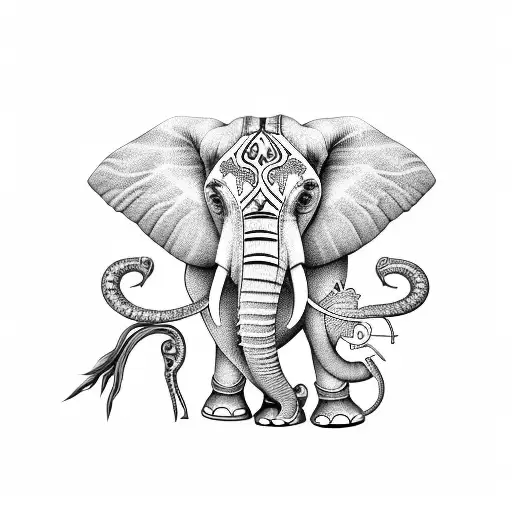 Elephant with snake for trunk, spears for talons, fans for ears, tree trunks for legs, bricks for body, and a rope tail tattoo design idea