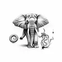 Elephant with snake for trunk, spears for talons, fans for ears, tree trunks for legs, bricks for body, and a rope tail tattoo design idea
