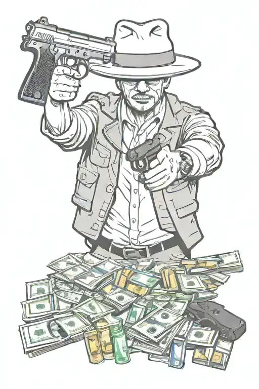 realistic gangster holding guns money drugs tattoo design idea