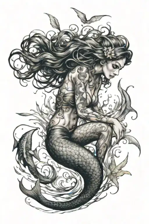 mermaid with sea creatures tattoo design idea