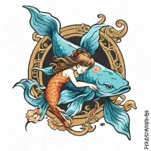 zodiac sign Aquarius and koi fish swimming tattoo design idea