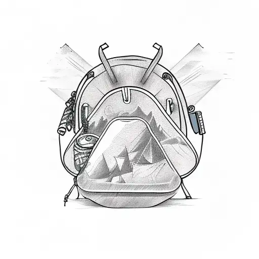 A sketch-style tattoo of a backpack surrounded by various water sports equipment tattoo design idea