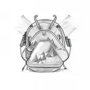 A sketch-style tattoo of a backpack surrounded by various water sports equipment tattoo design idea