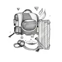 A sketch-style tattoo of a backpack surrounded by various water sports equipment tattoo design idea