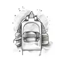 A sketch-style tattoo of a backpack surrounded by various water sports equipment tattoo design idea