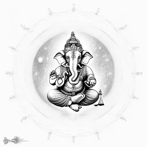 Ganesha dancing around the Tree of Life in the background of the Sagitarrius Constellation,and metatron cube  tattoo design idea
