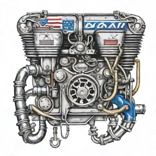 A realistic portrait of a Duramax diesel engine intertwined with fishing hooks and racing flags tattoo design idea