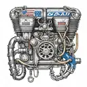 A realistic portrait of a Duramax diesel engine intertwined with fishing hooks and racing flags tattoo design idea