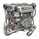 A realistic portrait of a Duramax diesel engine intertwined with fishing hooks and racing flags tattoo design idea