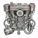 A realistic portrait of a Duramax diesel engine intertwined with fishing hooks and racing flags tattoo design idea