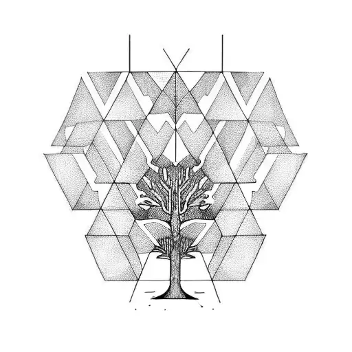 A mechanical tree with geometric patterns in blackwork style tattoo design idea