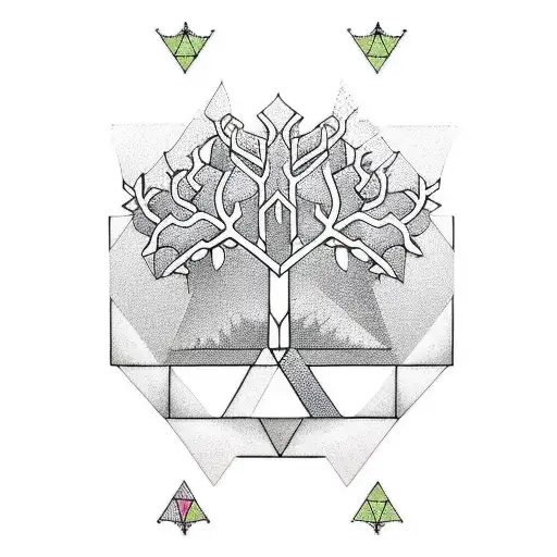 A full body tree with geometric patterns and mechanical joints between branches in blackwork style  tattoo design idea