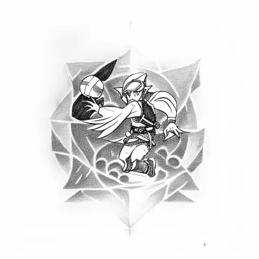 A tattoo of Link from The Legend of Zelda playing basketball in a dotwork style tattoo design idea