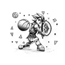 A tattoo of Link from The Legend of Zelda playing basketball in a dotwork style tattoo design idea