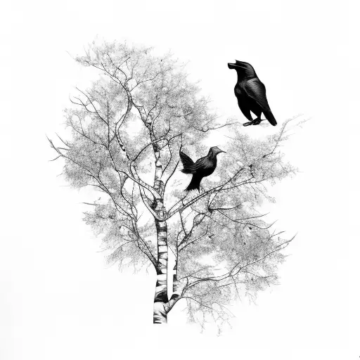 a flourishing birch tree, a raven on a branch, a smaller lion lying in the shadow of the tree and a gift  tattoo design idea
