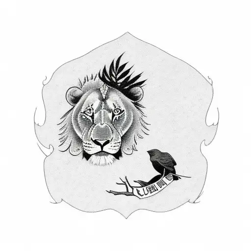 a birch tree with a raven on a branch, a lion lying in the shadow of the tree and a gift from god tattoo design idea