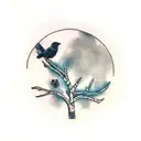 a birch tree with a raven on a branch, a lion lying in the shadow of the tree and a gift from god tattoo design idea