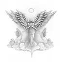 Guardian angel looking up .wings spread in a way to sore upwards .both the arms holding a heart (noble heart) . Stormy c tattoo design idea