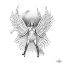 Guardian angel looking up .wings spread in a way to sore upwards .both the arms holding a heart (noble heart) . Stormy c tattoo design idea