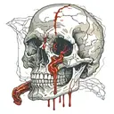 Black Gold Silver Broken decrepit Cracked and broken Skull missing jawbone dripping in blood and melting downwards. tattoo design idea