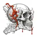 Black Gold Silver Broken decrepit Cracked and broken Skull missing jawbone dripping in blood and melting downwards. tattoo design idea