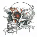 Black Gold Silver Broken decrepit Cracked and broken Skull missing jawbone dripping in blood and melting downwards. tattoo design idea