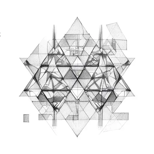 A triangle made up of intricate construction blueprints and musical notes tattoo design idea
