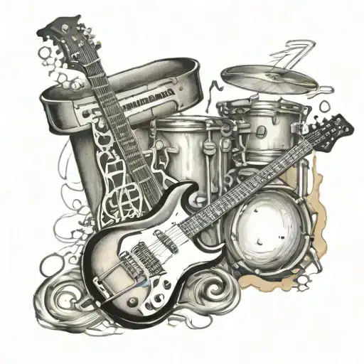 realistic guitar with musical notes and drums, bass guitar and keyboard in background tattoo design idea