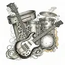 realistic guitar with musical notes and drums, bass guitar and keyboard in background tattoo design idea