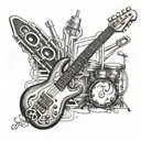 realistic guitar with musical notes and drums, bass guitar and keyboard in background tattoo design idea