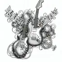 realistic guitar with musical notes and drums, bass guitar and keyboard in background tattoo design idea