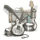 realistic guitar with musical notes and drums, bass guitar and keyboard in background tattoo design idea