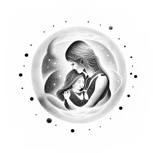 A surreal tattoo featuring a dreamlike scene of a mother and daughter floating among celestial bodies, with a mesmerizing nova explosion and a mystical rose in the foreground tattoo design idea