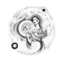 A surreal tattoo featuring a dreamlike scene of a mother and daughter floating among celestial bodies, with a mesmerizing nova explosion and a mystical rose in the foreground tattoo design idea