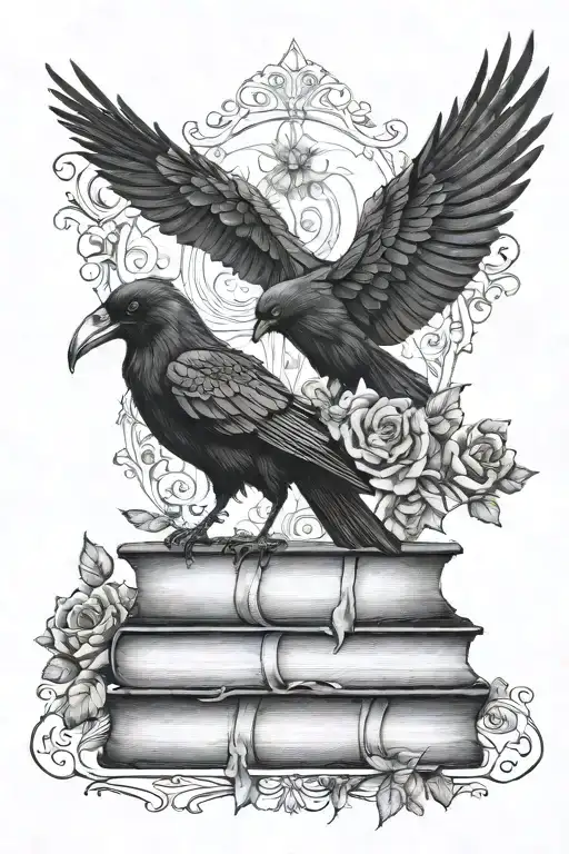 gothic vines and flowers above and below a raven standing on books tattoo design idea