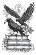 gothic vines and flowers above and below a raven standing on books tattoo design idea