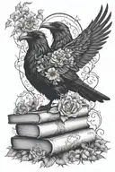 gothic vines and flowers above and below a raven standing on books tattoo design idea
