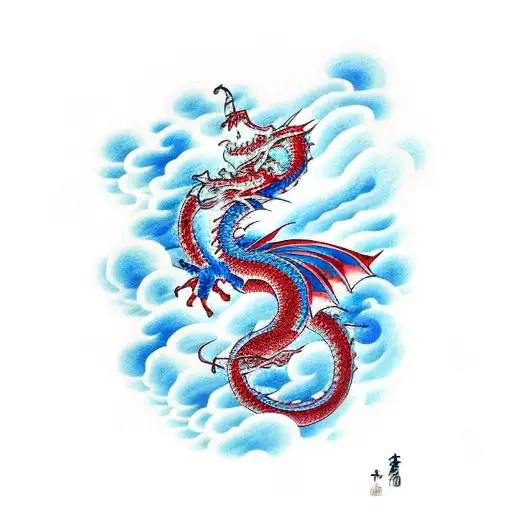 blue and red traditional looking dragon in clouds and waves tattoo design idea