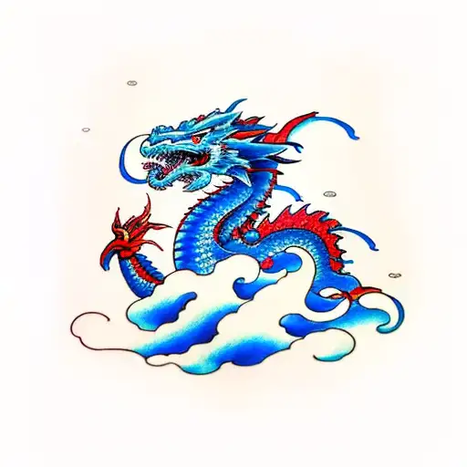 blue and red traditional looking dragon in clouds and waves tattoo design idea