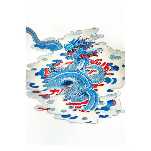 blue and red dragon flowing in clouds and waves tattoo design idea