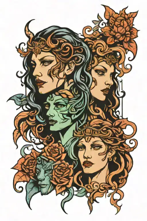 split face half Medusa half Artemis  tattoo design idea