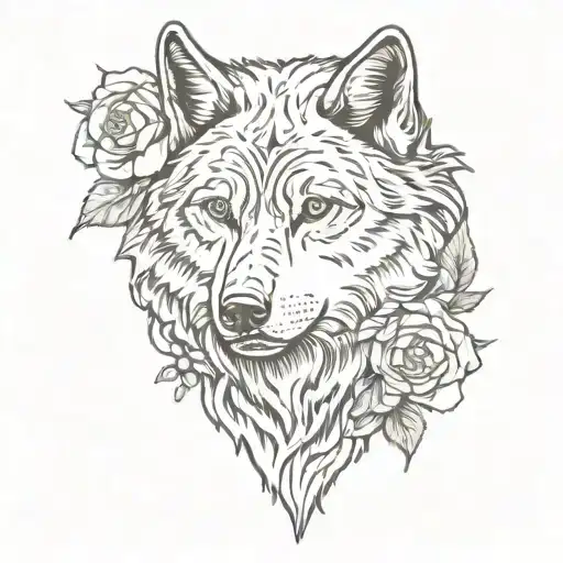 lone wolf blended by roses tattoo design idea