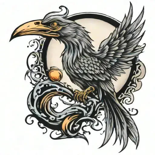 Phoenix with witchy broom and moon half sleeve   tattoo design idea