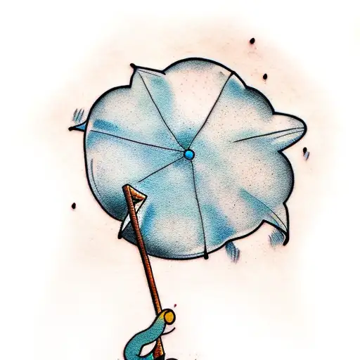 cloud with a stick figure underneath holding an umbrella made of a water lily leaf and the stickman flies with it tattoo design idea