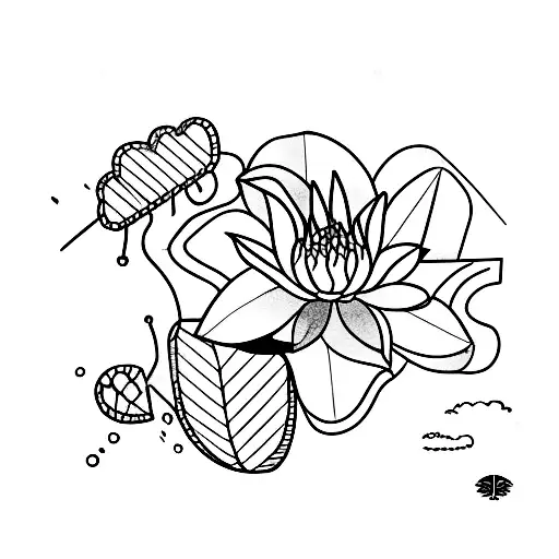 cloud with a stick figure underneath holding an umbrella made of a water lily leaf and the stickman flies with it tattoo design idea
