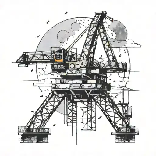 A black-grey tattoo of a construction crane reaching towards a galaxy tattoo design idea