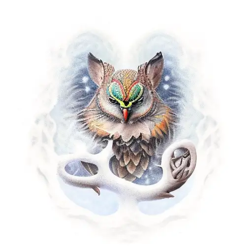 Tatoe grote vogel innige omhelzing met volwassen man in berglandschap (vogel knuffelt met man) tattoo design idea