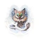 Tatoe grote vogel innige omhelzing met volwassen man in berglandschap (vogel knuffelt met man) tattoo design idea